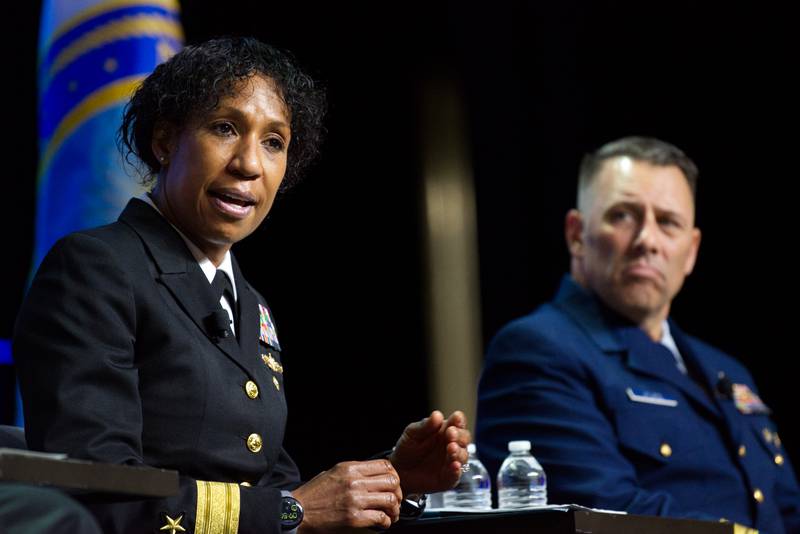 Rear Adm. Tracy Hines answers a question about U.S. Navy cybersecurity during a panel discussion at the Sea-Air-Space conference in National Harbor, Maryland, on April 4, 2023.