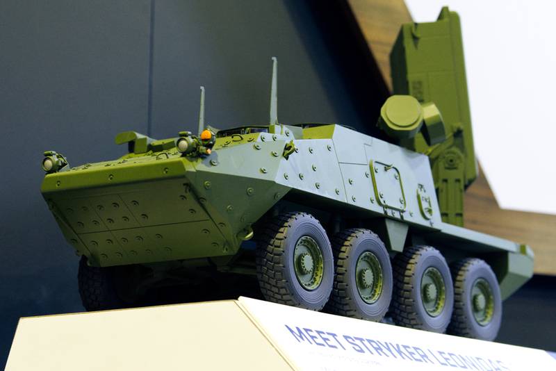 A model of the Stryker Leonidas, a venture involving Epirus and General Dynamics Land Systems, is seen at the Sea-Air-Space conference in National Harbor, Maryland, in April 2023.