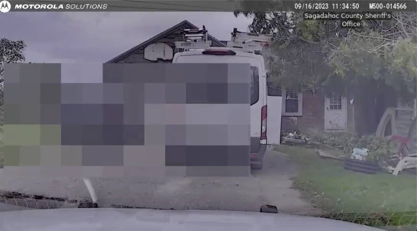 This still image from Sagadahoc County Sheriff’s Office shows dash camera video from Sept. 16, 2023 as police approach Robert Card's father's house.