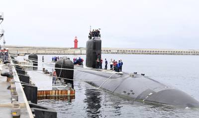 In this photo provided by South Korea Defense Ministry, the U.S. nuclear-powered submarine Annapolis docks at a South Korean naval base on Jeju Island, South Korea, Monday, July 24, 2023.