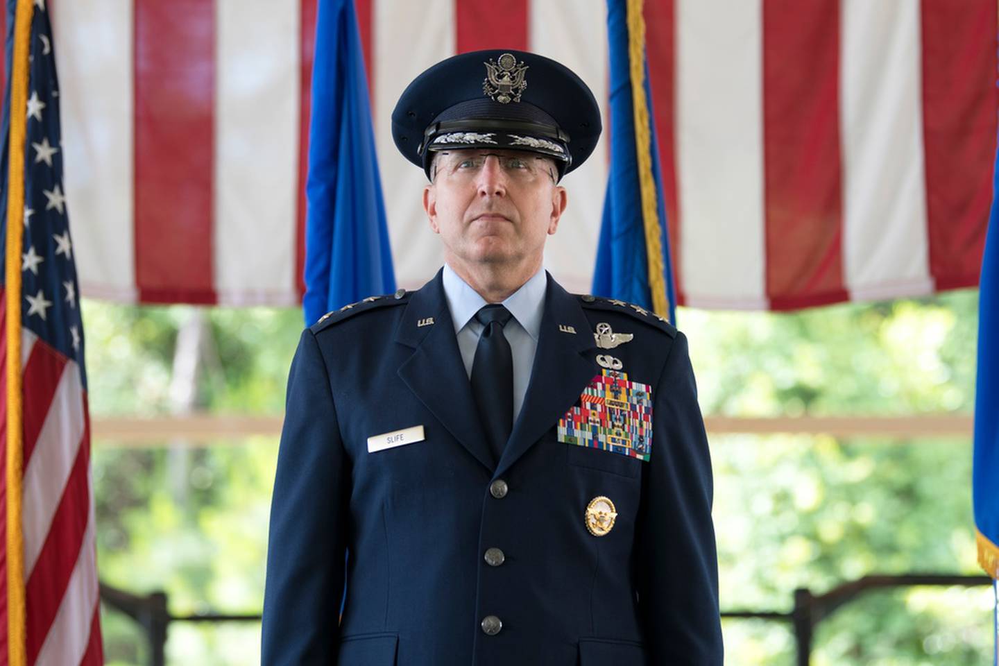 Air Force Lt. Gen. Jim Slife, commander of Air Force Special Operations Command, presides over a change-of-command ceremony at Hurlburt Field, Florida, June 4, 2021. (Tech Sgt. Victor J. Caputo/Air Force)