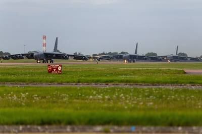 Three B-52H Stratofortresses assigned to the 5th Bomb Wing, Minot Air Force Base N.D., taxi onto the flightline at RAF Fairford, England, Sept. 4, 2020.
