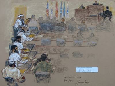 A sketch of a hearing at the U.S. Military Commissions court for war crimes at the U.S. Naval Base in Guantanamo Bay, Cuba.