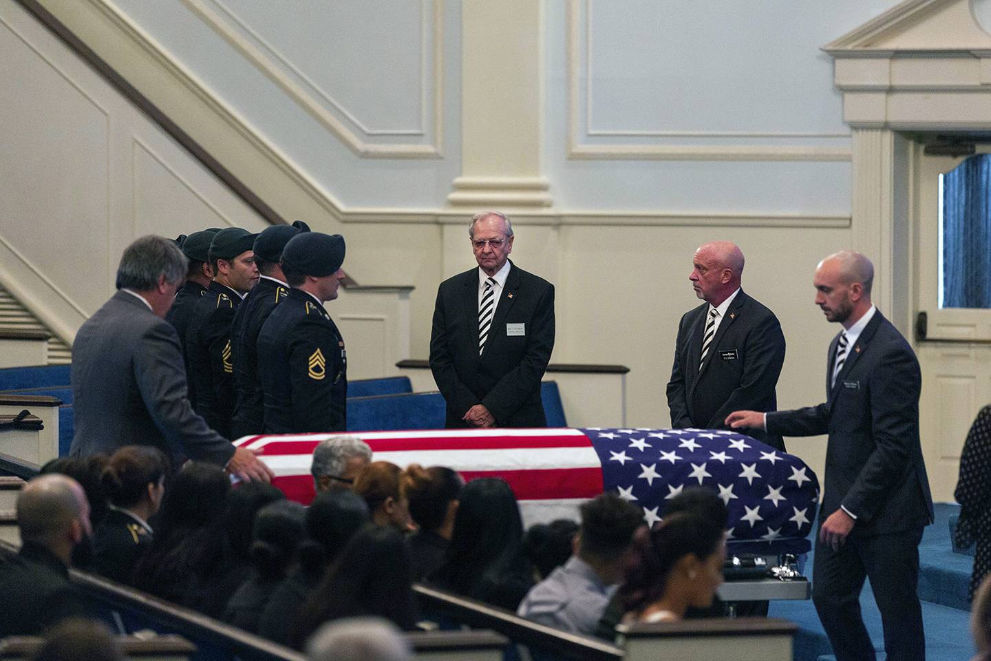Funeral services for U.S. Army Green Beret Master Sgt. Luis DeLeon-Figueroa, who was killed in action in Afghanistan on Aug. 21, are held at Bethany Assembly of God Church in Agawam, Mass. Tuesday, Sept. 3, 2019.