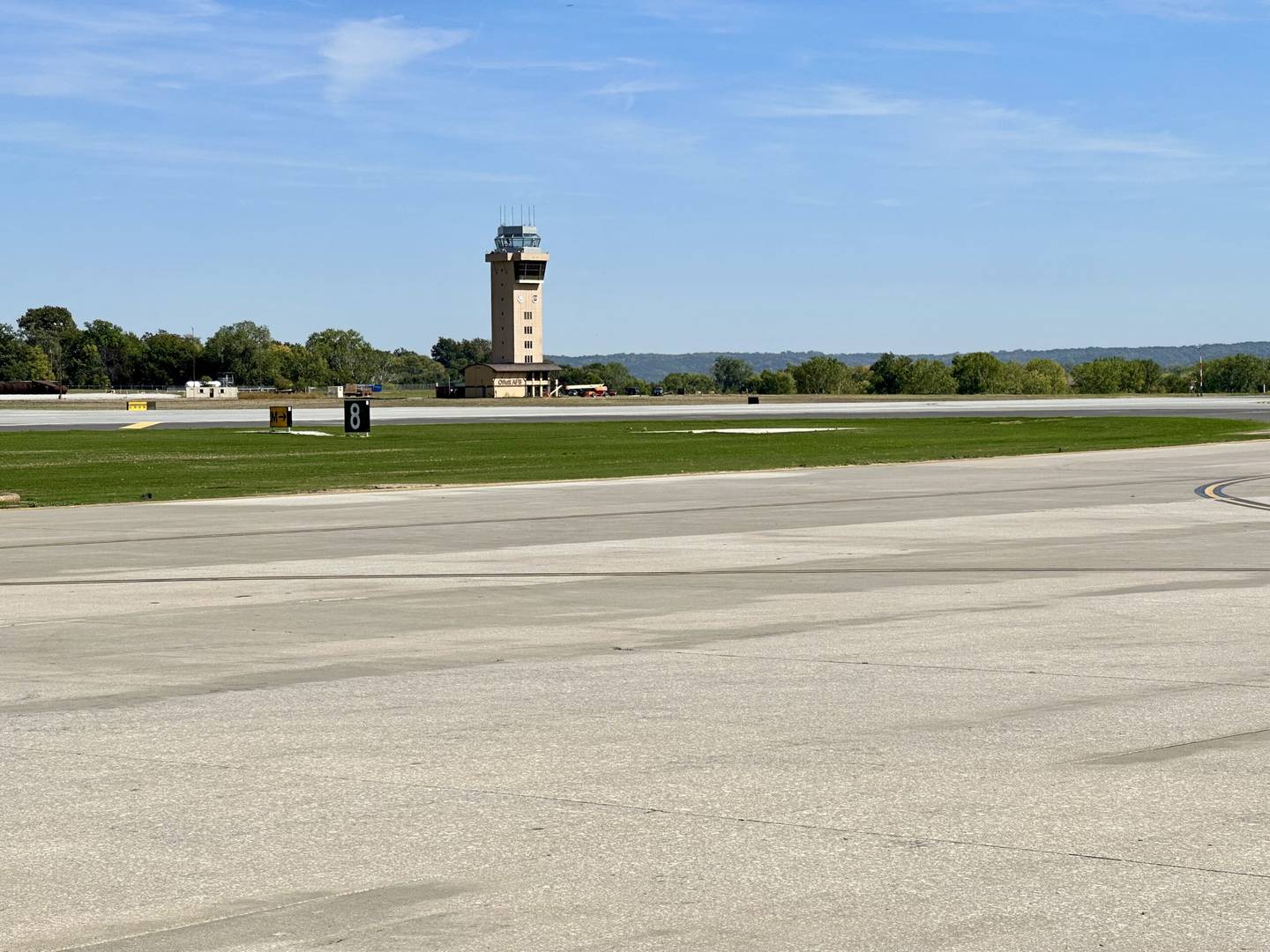 The new runway at Offutt Air Force Base and a repaired air traffic control tower on Sept. 30, 2022.