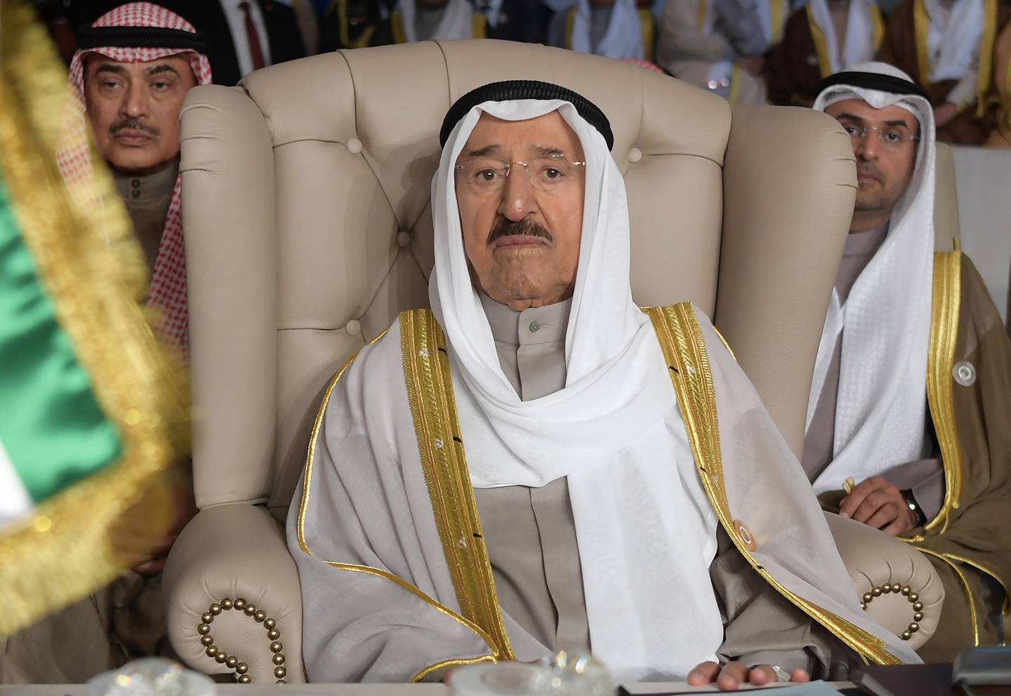 In this March 31, 2019, file photo, Kuwait's ruling emir, Sheikh Sabah Al Ahmad Al Sabah, attends the opening of the 30th Arab Summit, in Tunis, Tunisia.