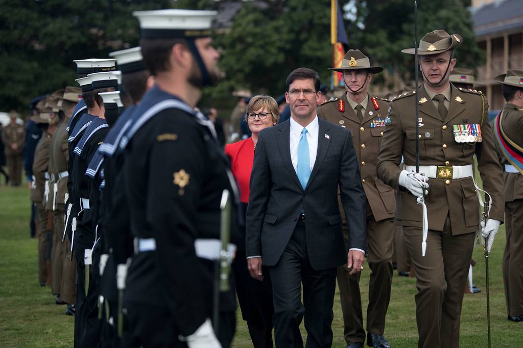 U.S. Secretary of Defense Mark Esper is hosted by Australian Minister of Defence Linda Reynolds in an honor guard ceremony at the Victoria Barracks, Sydney, Australia, Aug. 4, 2019.