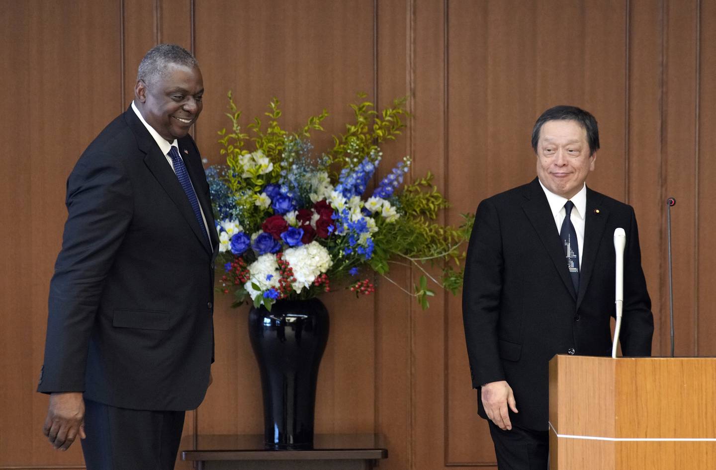 U.S. Defense Secretary Lloyd Austin, left, and Japanese Defense Minister Yasukazu Hamada leave after their joint press conference at the Defense Ministry in Tokyo Thursday, June 1, 2023.