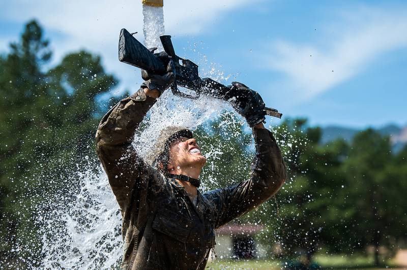 U.S. Air Force Academy Class of 2024 basic cadets complete the assault course at the U.S. Air Force Academy in Colorado Springs, Colo., July 14, 2020.