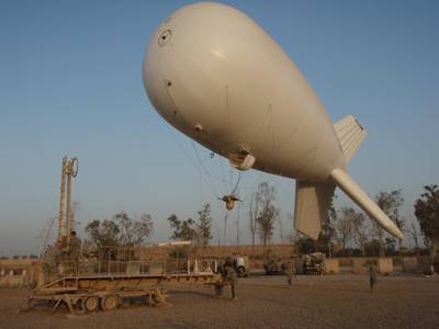 Soldiers prepare to moor the 17M Liberty Rapid Initial Aerial Deployment or Aerostat at Camp Liberty, Baghdad in 2008.