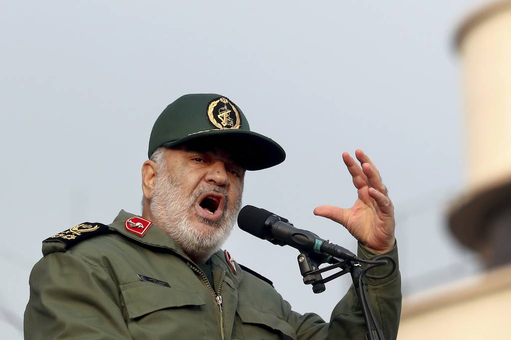 In this Nov. 25, 2019, file photo, Chief of Iran's Revolutionary Guard Gen. Hossein Salami speaks at a pro-government rally, in Tehran, Iran.