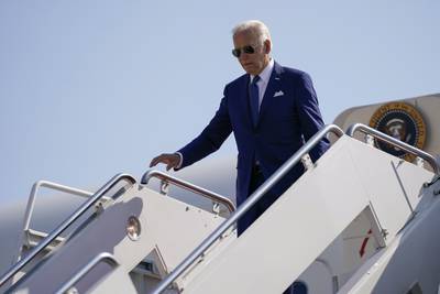 President Joe Biden arrives on Air Force One at Andrews Air Force Base, Md., Monday, Aug. 29, 2022, en route to Washington.