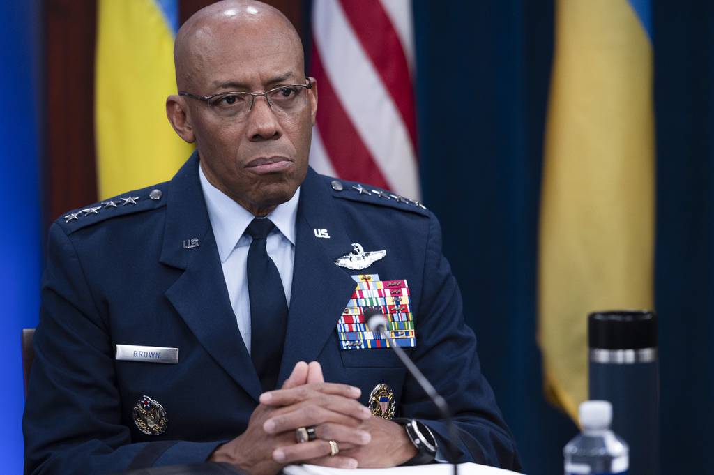 Chairman of the Joint Chiefs of Staff Air Force Gen. CQ Brown, participates in a virtual Ukraine Defense Contact Group meeting, Wednesday, Nov. 22, 2023, at the Pentagon in Washington.