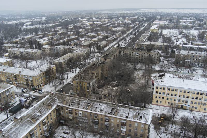 An aerial view of an apartment building hit by a Russian rocket in Kramatorsk, Ukraine, Thursday, Feb. 2, 2023.