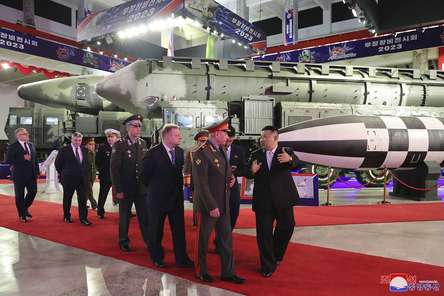 In this photo provided by the North Korean government, North Korean leader Kim Jong Un, right, with Russian delegation led by its Defense Minister Sergei Shoigu visits an arms exhibition in Pyongyang, North Korea Wednesday, July 26, 2023, on the occasion of the 70th anniversary of the armistice that halted fighting in the 1950-53 Korean War.