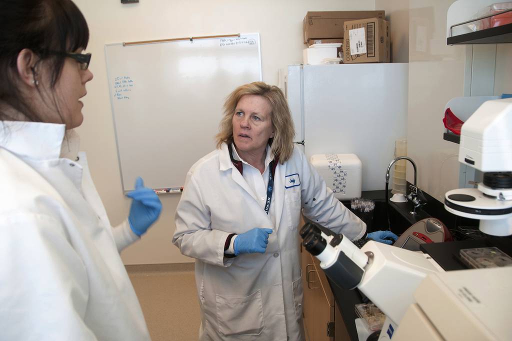 In this Feb. 28, 2011, file photo, director of research Judy Mikovits talks to a graduate student and research associate in the lab, at the Whittemore Peterson Institute for Neuro-Immune Disease, in Reno, Nev.