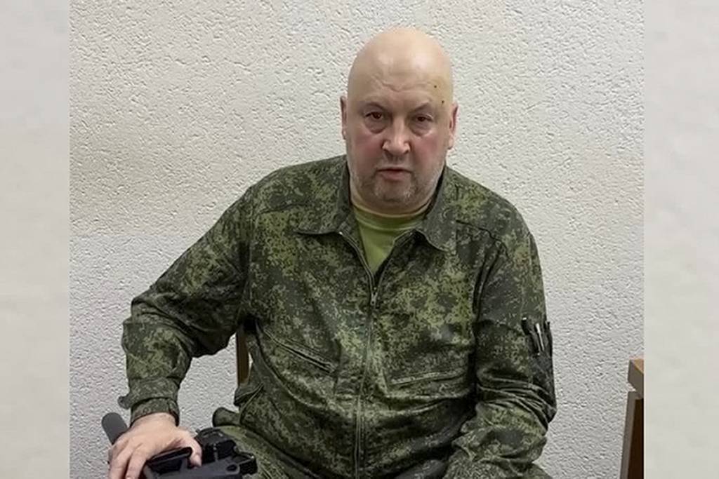 In this handout photo released by Russian Defense Ministry Press Service on Saturday, June 24, 2023, the top Russian military commander in Ukraine, Gen. Sergei Surovikin records his appeal to armed rebellion at the unknown location.