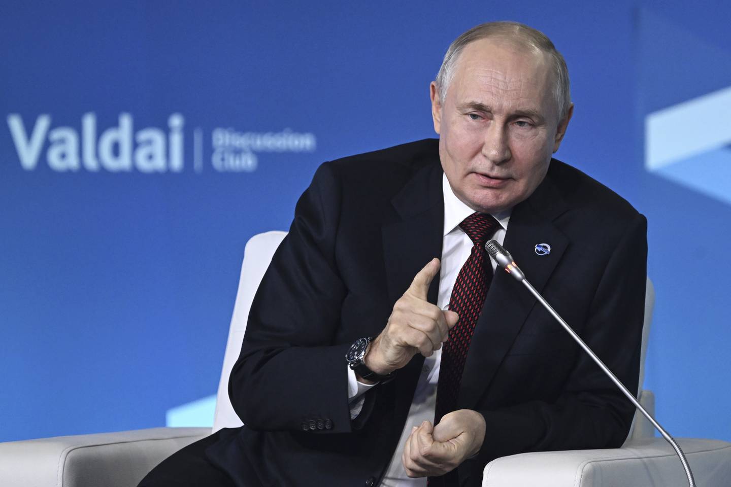 Russian President Vladimir Putin gestures while speaking at the annual meeting of the Valdai Discussion Club in the Black Sea resort of Sochi, Russia, Thursday, Oct. 5, 2023.