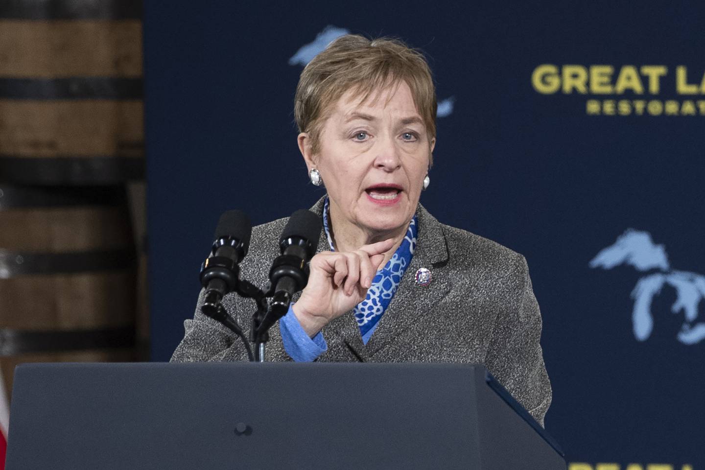 Rep. Marcy Kaptur, D-Ohio, speaks during an event at the Shipyards on Feb. 17, 2022, in Lorain, Ohio.