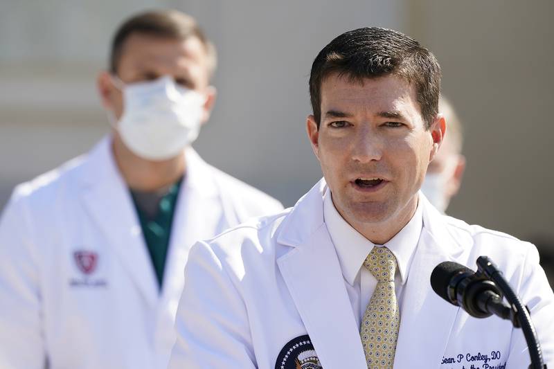 Dr. Sean Conley, physician to President Donald Trump, briefs reporters at Walter Reed National Military Medical Center in Bethesda, Md., Sunday, Oct. 4, 2020.