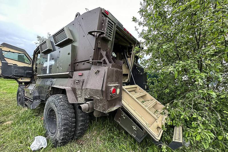 In this handout photo released by Belgorod region governor Vyacheslav Gladkov's telegram channel on Tuesday, May 23, 2023, a damaged armored military vehicle is seen after fighting in Russia's western Belgorod region on Tuesday.