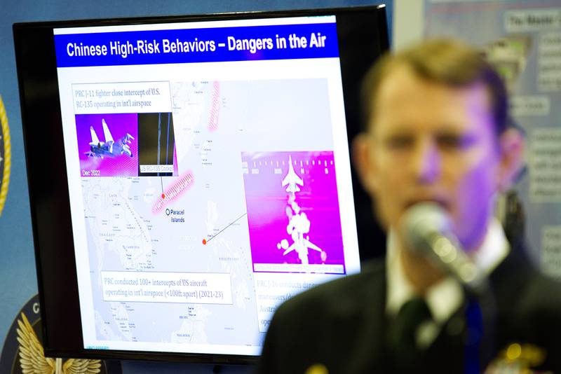 U.S. Navy Rear Adm. Mike Studeman, an intelligence official, discusses "Chinese high-risk behaviors' at the Navy League's Sea-Air-Space conference in National Harbor, Maryland, on April 5, 2023.