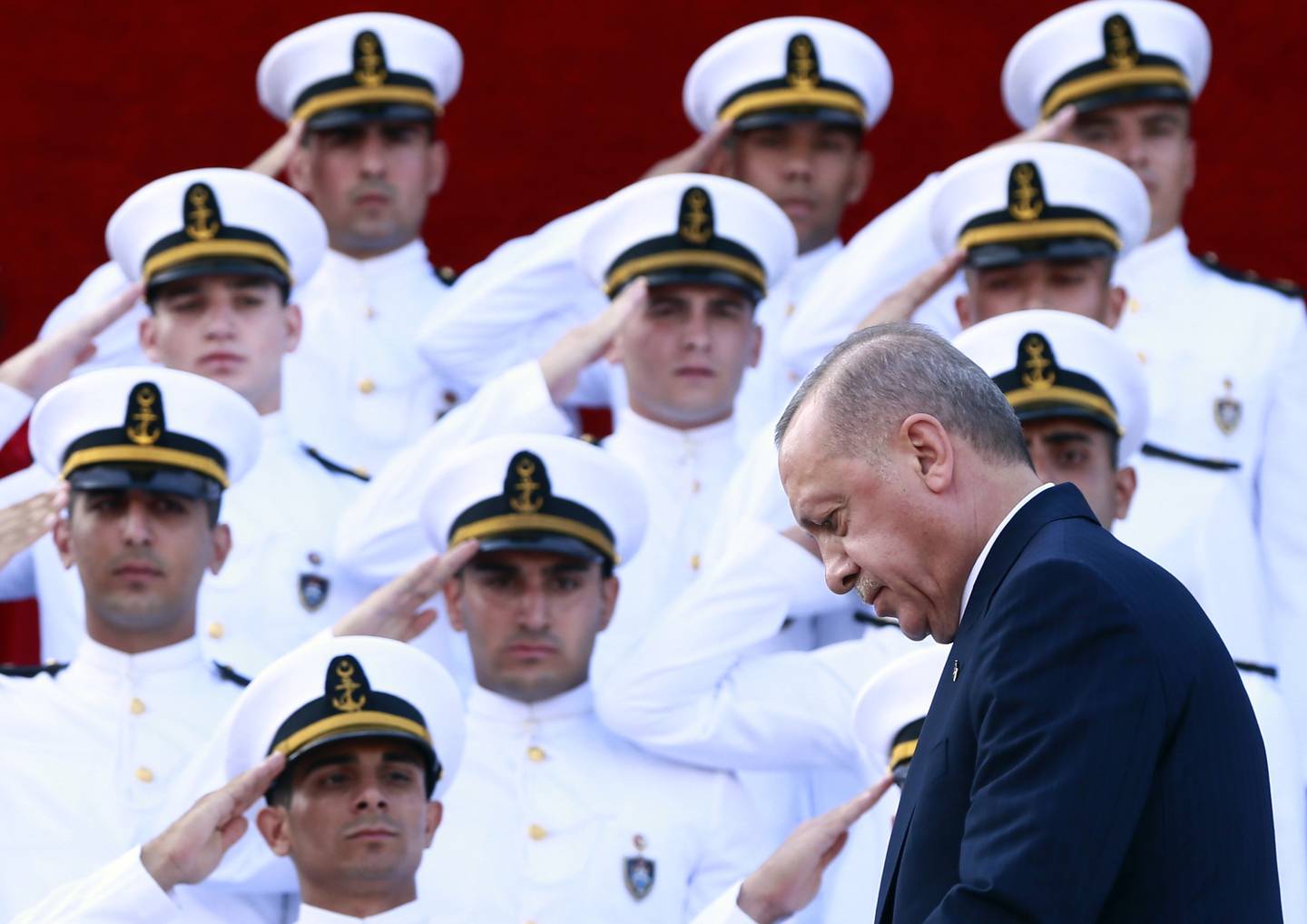 Turkey's President Recep Tayyip Erdogan, arrives to deliver a speech to graduates of a military academy in Istanbul, Saturday, Aug. 31, 2019.