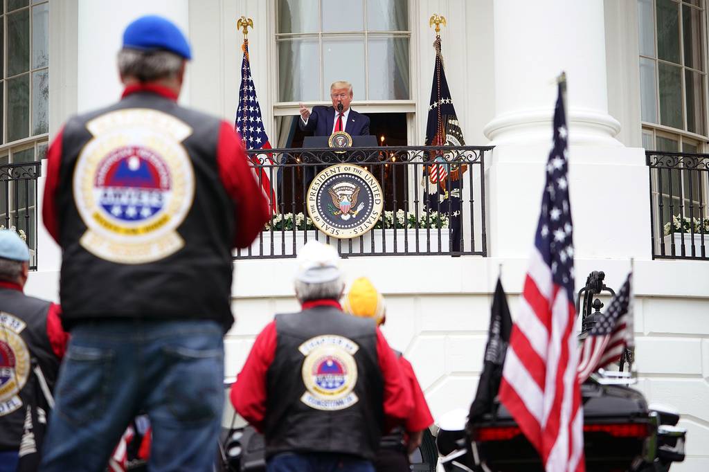 President Donald Trump speaks during the "Rolling to Remember Ceremony: Honoring Our Nations Veterans and POW/MIA" on May 22, 2020, from the Truman Balcony at the White House in Washington.