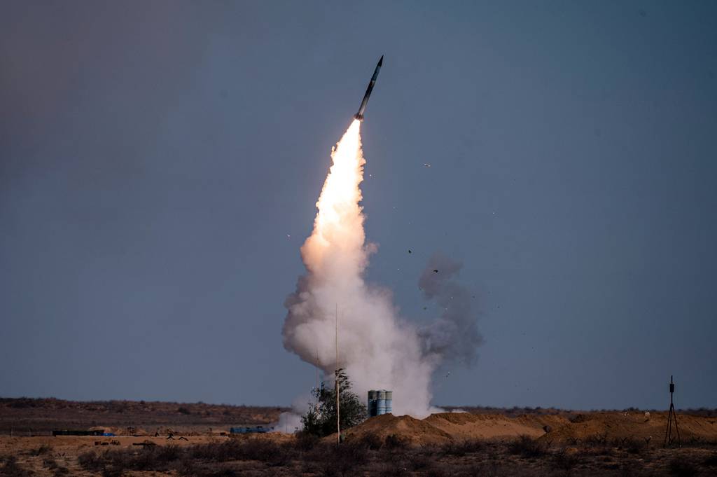 A rocket launches from a S-400 missile system at the Ashuluk military base in southern Russia on Sept. 22, 2020, during the "Caucasus-2020" military drills gathering China, Iran, Pakistan and Myanmar troops, along with ex-Soviet Armenia, Azerbaijan and Belarus.