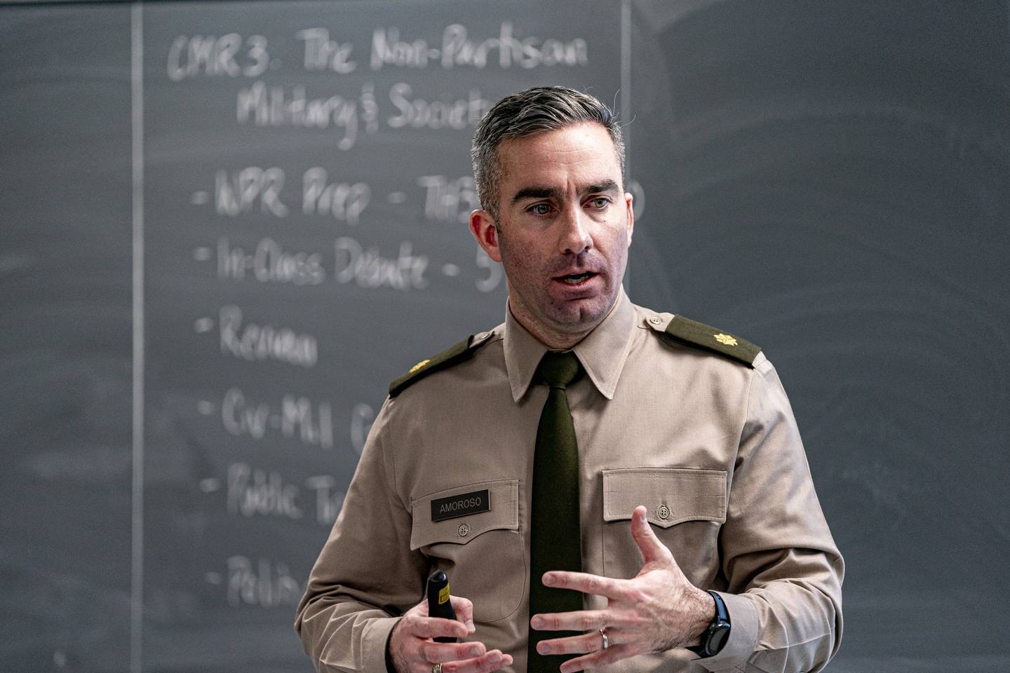Maj. Joe Amoroso instructs cadets during a class on American politics at the U.S. Military Academy in West Point, N.Y., Wednesday, Nov. 29, 2023.