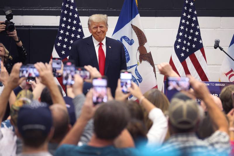 Former President Donald Trump greets supporters at a Team Trump volunteer leadership training event held at the Grimes Community Complex on June 01, 2023 in Grimes, Iowa.