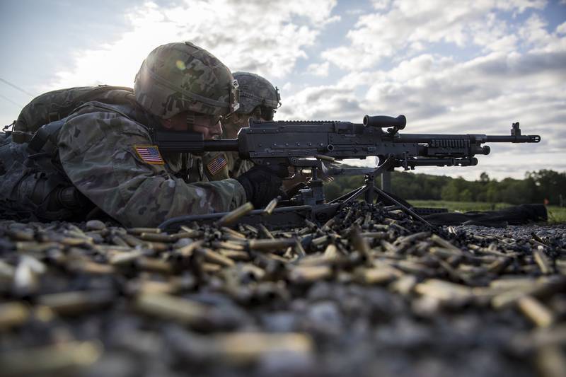 New Bravo Company cadets learn how to properly handle a M230B machine gun as part of their Cadet Basic Training at Camp Buckner, N.Y., Aug. 1, 2019.