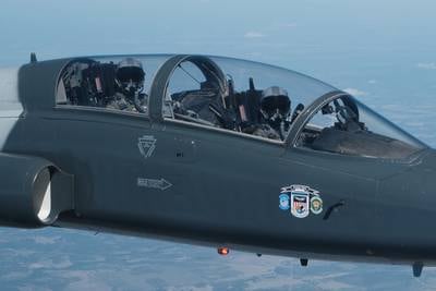 Maj. Joe Calcitrai, 39th Flying Training Squadron pilot, and Lt. Col. Josh Lechowick,19th Air Force pilot, conduct instructor pilot training in a T-38C Talon over a military operations area in southern Texas, Oct. 23, 2019. The 560th Flying Training Squadron qualifies pilots from various airframes as instructor pilots in the T-38 aircraft. (Master Sgt. Christopher Boitz/Air Force)
