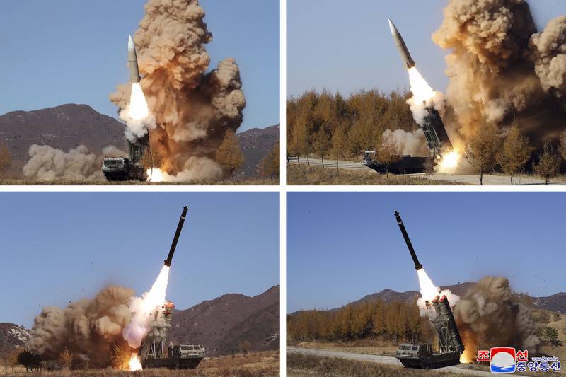 This combination of photos provided by the North Korean government, shows what they say was a military operation held during Nov. 2-5, 2022, in North Korea.