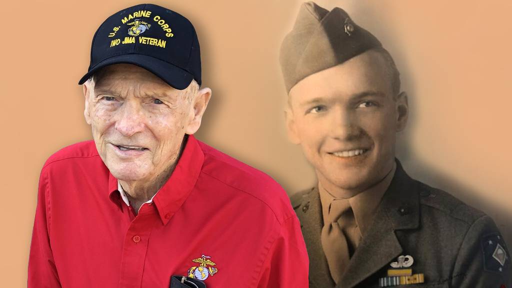 T. Fred Harvey, a WWII veteran who was wounded and earned the Silver Star during the Battle of Iwo Jima is looking to become the oldest Marine to participate in the Marine Corps Marathon. (Photo illustration by Jared Morgan, staff)