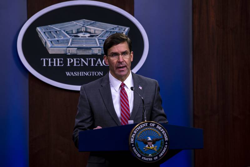 Defense Secretary Mark Esper holds a news conference at the Pentagon, June 3, 2020.