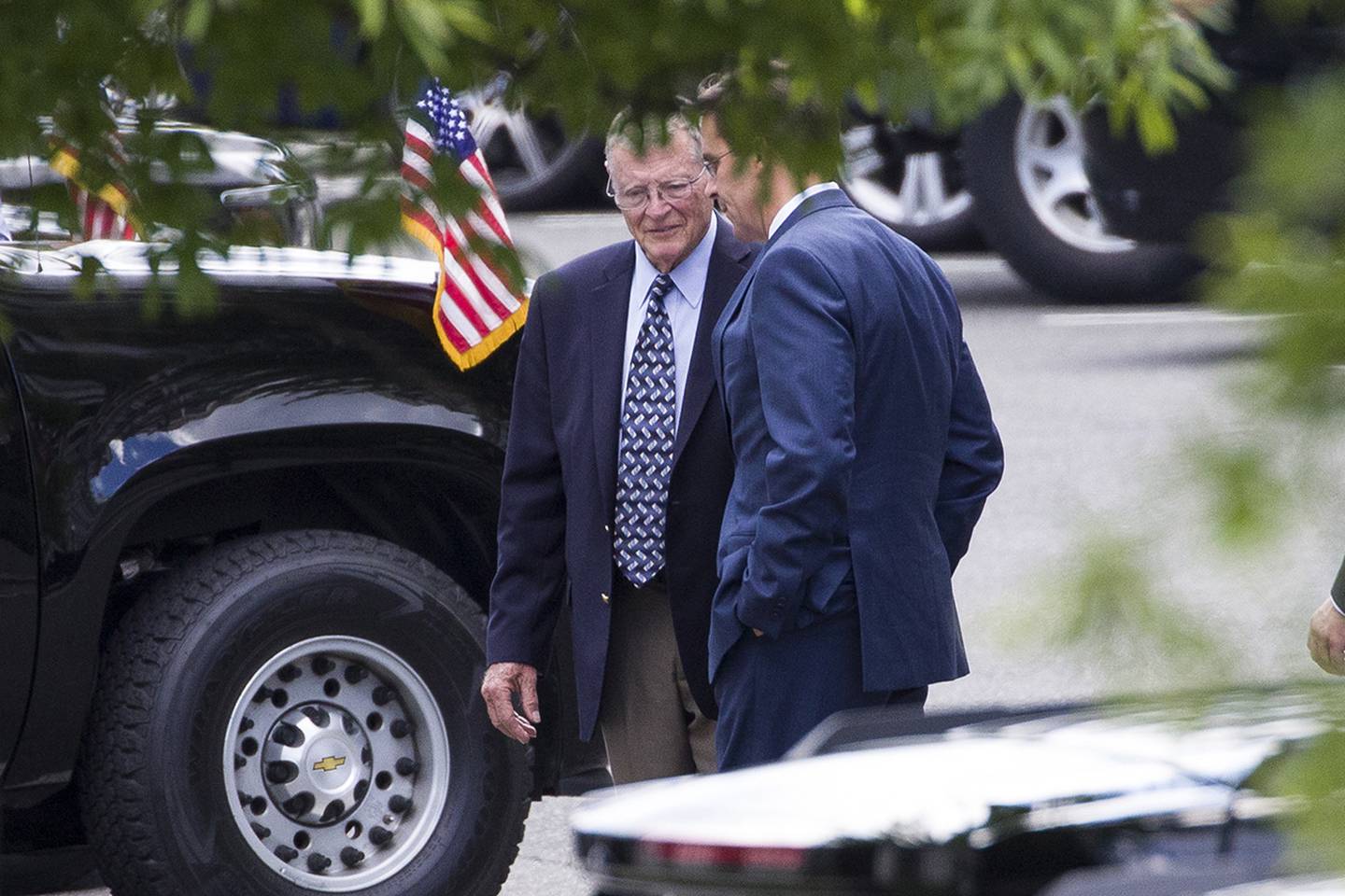 Chairman of the Senate Armed Services Committee Jim Inhofe, R-Okla., left, talks with incoming acting Defense Secretary Mark Esper, as they arrive for a meeting with President Donald Trump about Iran at the White House