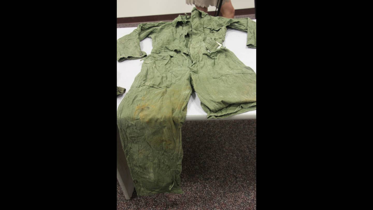 A flight suit was among items displayed Friday, June 26, 2020, at Joint Base Elmendorf-Richardson, Alaska, after being found when military personnel scoured Alaska's Colony Glacier for human remains and debris from a military plane crash in 1952.