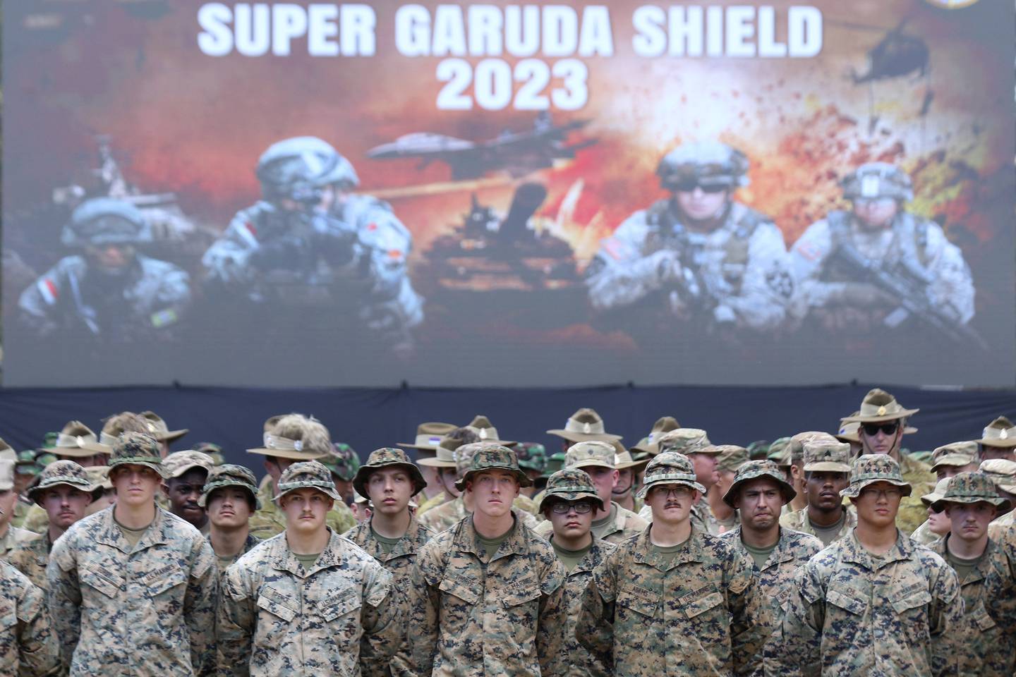 U.S. Marines attend the opening ceremony of Super Garuda Shield 2023 in Baluran, East Java, Indonesia, Thursday, Aug. 31, 2023.