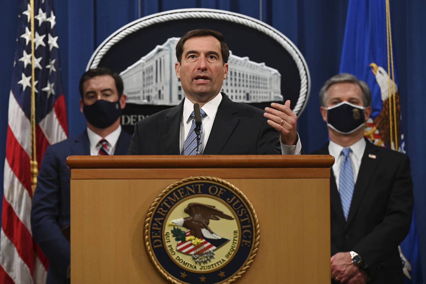Assistant Attorney General of the National Security Division John Demers speaks during a press conference at the Department of Justice, Wednesday,  Oct. 7, 2020, in Washington.