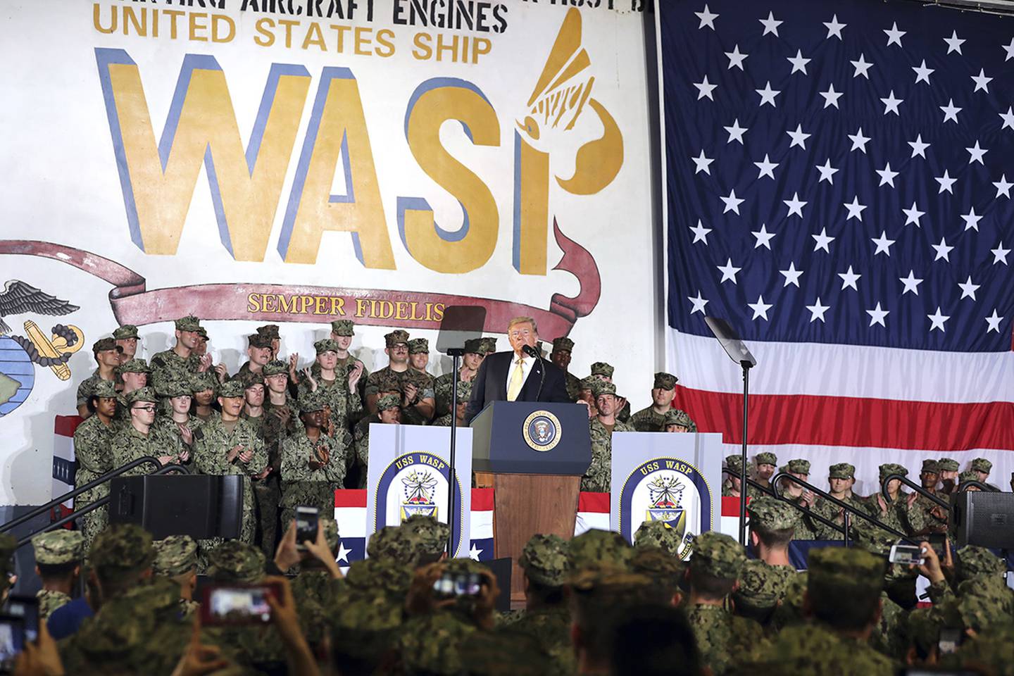 President Donald Trump speaks to U.S. servicemen aboard the amphibious assault ship USS Wasp at the U.S. Navy's Yokosuka base in Japan on May 28, 2019.