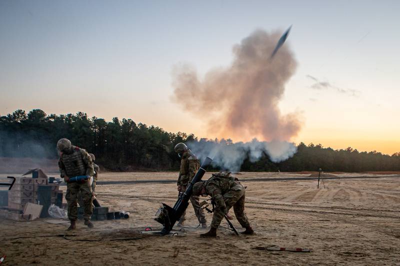 U.S. Army soldiers with the 2nd Battalion, 113th Infantry Regiment, New Jersey Army National Guard, fire the 120mm mortar system on Joint Base McGuire-Dix-Lakehurst, N.J., Nov. 13, 2020.