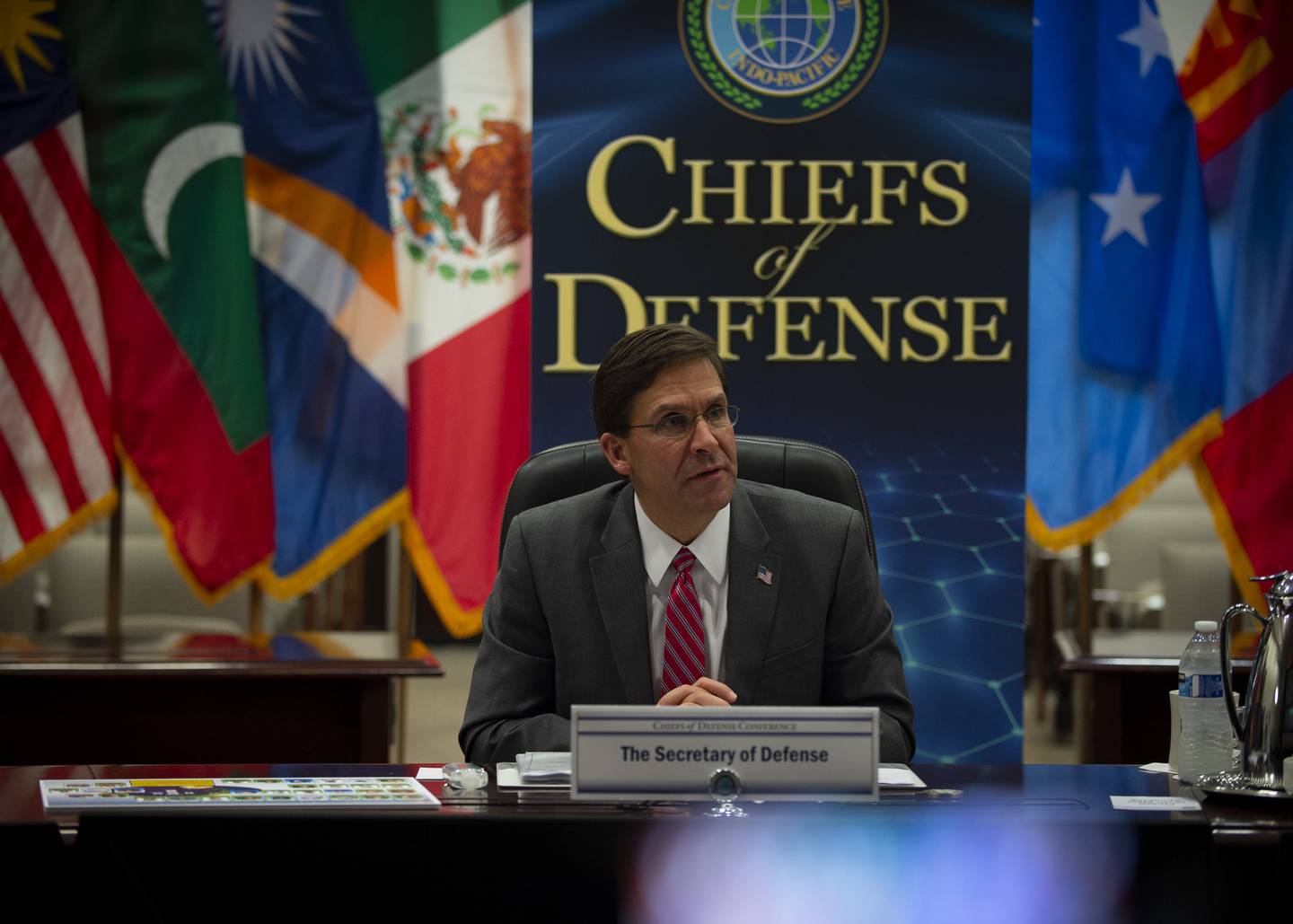 Defense Secretary Mark Esper speaks during the Chiefs of Defense conference on Aug, 25, 2020, at U.S. Indo-Pacific Command Headquarters at Camp H.M. Smith Hawaii.