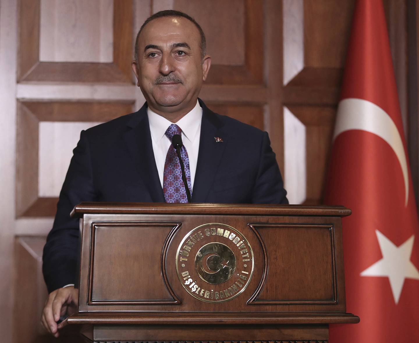 Turkish Foreign Minister Mevlut Cavusoglu speaks to journalists, in Ankara, Turkey, Tuesday, Sept. 10, 2019.