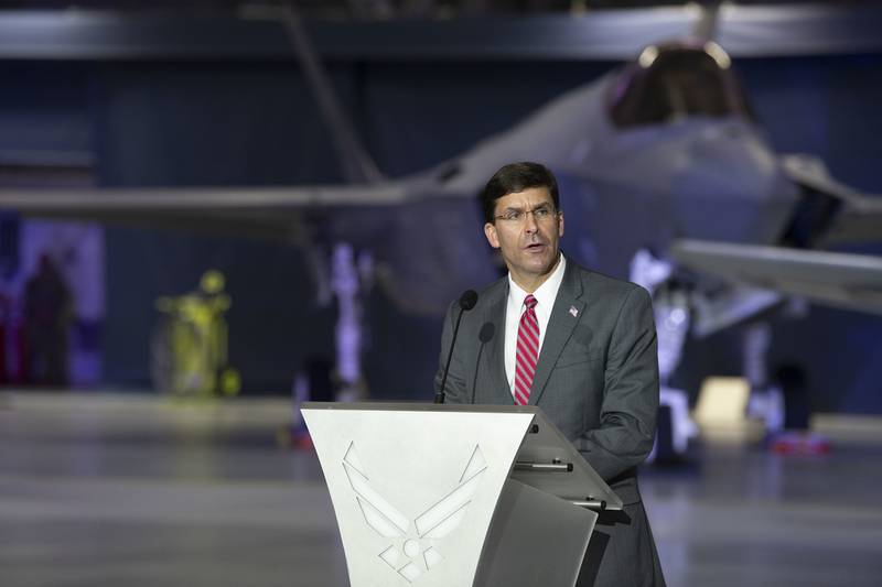 Defense Secretary Mark Esper speaks at a ceremony in which Air Force General Charles Q. Brown Jr. Succeeds Air Force Gen. David L. Goldfein as the Air Force chief of staff at Joint Base Andrews, Md. Aug. 6, 2020.