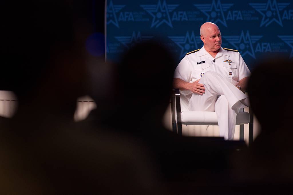 U.S. Navy Adm. Chris Grady, the vice chairman of the Joint Chiefs of Staff, listens to a question Sept. 13, 2023, at the Air, Space and Cyber Conference in National Harbor, Maryland.