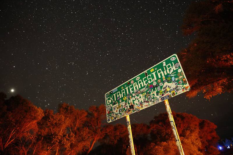 In this July 22, 2019, photo, a sign advertises state route 375 as the Extraterrestrial Highway, in Crystal Springs, Nev