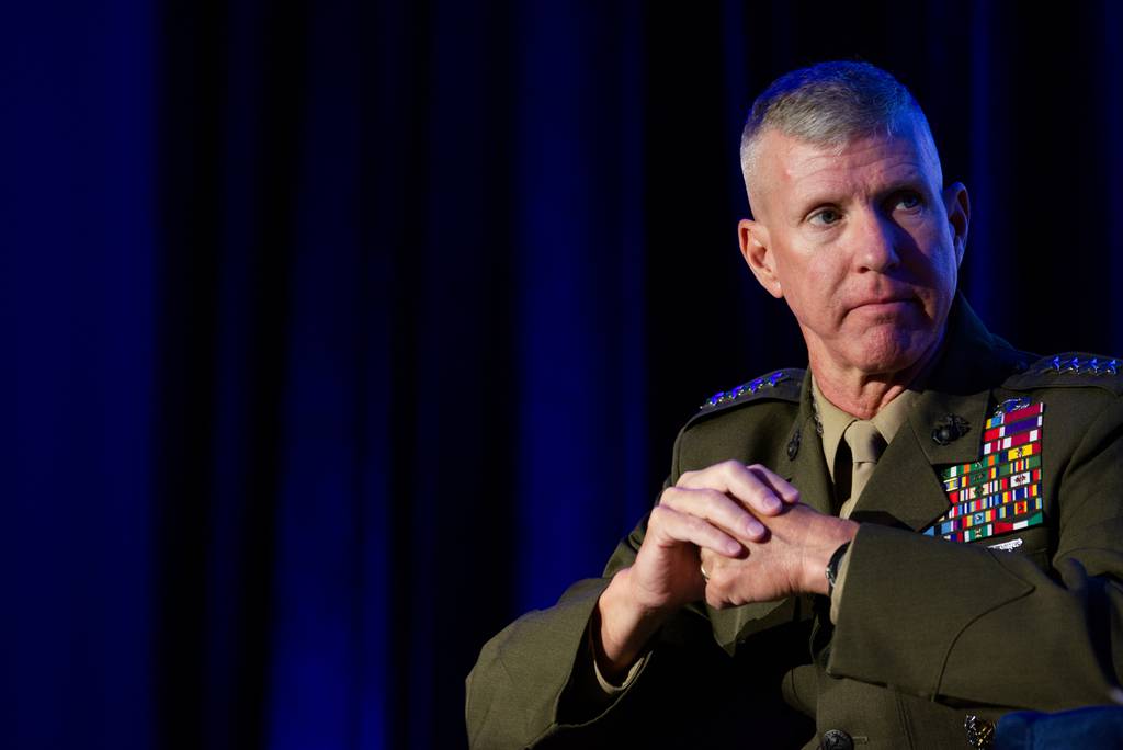 U.S. Marine Corps Gen. Eric Smith takes a pause Sept. 6, 2023, before answering a question at the Defense News Conference in Pentagon City.