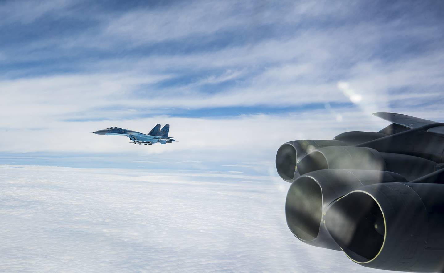A Ukraine SU-27 integrates with a U.S. B-52H Stratofortress during a Bomber Task Force Europe mission, Sept. 4, 2020.