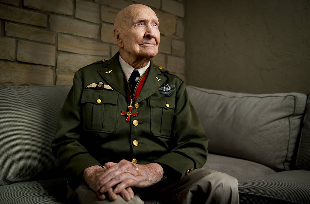Gail Halvorsen, also know as the "Candy Bomber," poses for a portrait at his son's home in Midway, Utah, on Oct. 7, 2020.